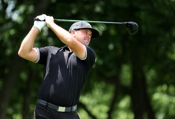 Eric Axley plays his shot from the third tee during the second round of the Barbasol Championship at Keene Trace Golf Club on July 16, 2021 in...