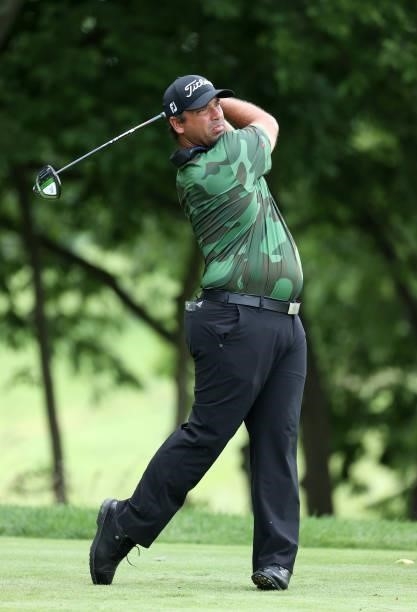 Rafael Campos of Puerto Rico plays his shot from the third tee during the second round of the Barbasol Championship at Keene Trace Golf Club on July...