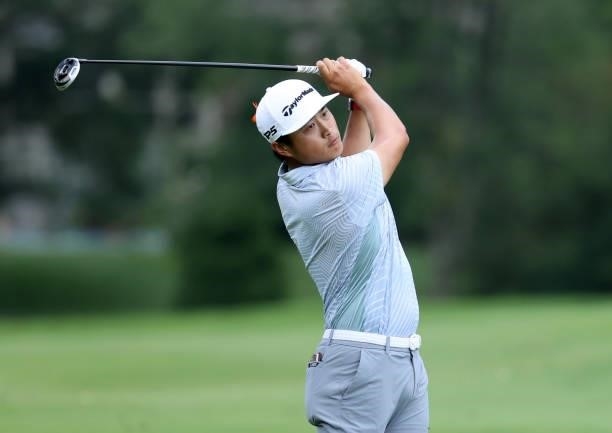 Bobby Bai of China plays his second shot on the 11th hole during the second round of the Barbasol Championship at Keene Trace Golf Club on July 16,...