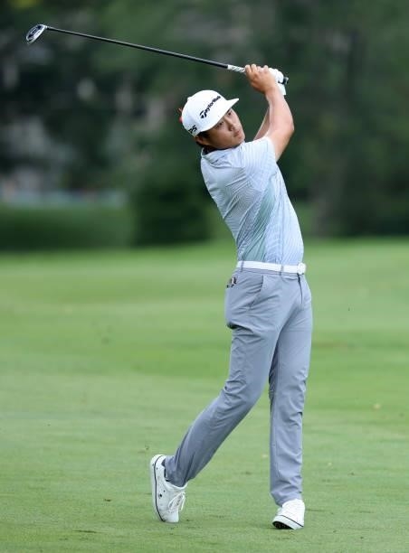Bobby Bai of China plays his second shot on the 11th hole during the second round of the Barbasol Championship at Keene Trace Golf Club on July 16,...