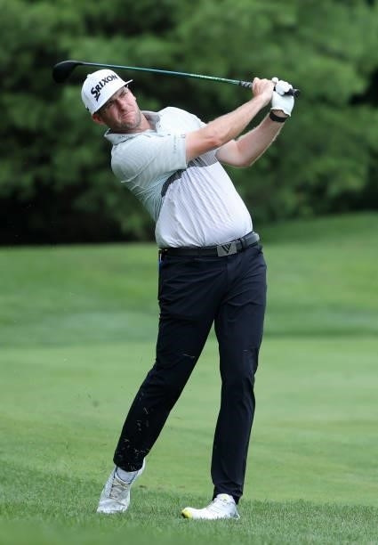 Taylor Pendrith of Canada plays his second shot on the 11th hole during the second round of the Barbasol Championship at Keene Trace Golf Club on...