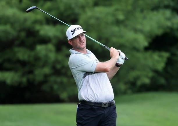 Taylor Pendrith of Canada plays his second shot on the 11th hole during the second round of the Barbasol Championship at Keene Trace Golf Club on...