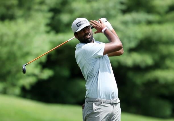 Sahith Theegala plays his shot on the 11th hole during the second round of the Barbasol Championship at Keene Trace Golf Club on July 16, 2021 in...