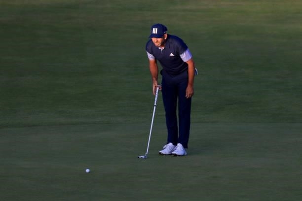 Sergio Garcia of Spain lines up a putt on the 18th green during Day Two of The 149th Open at Royal St George’s Golf Club on July 16, 2021 in...