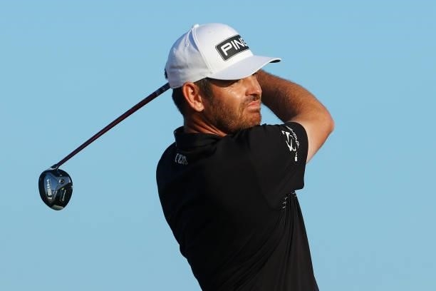 Louis Oosthuizen of South Africa on the 18th tee during Day Two of The 149th Open at Royal St George’s Golf Club on July 16, 2021 in Sandwich,...