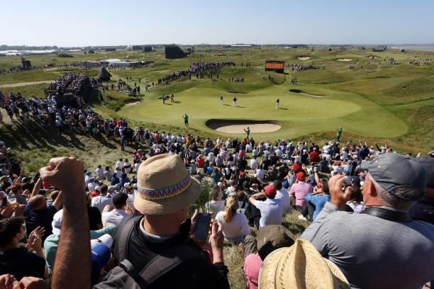 General view of the 16th green as Louis Oosthuizen of South Africa putts during Day Two of The 149th Open at Royal St George’s Golf Club on July 16,...