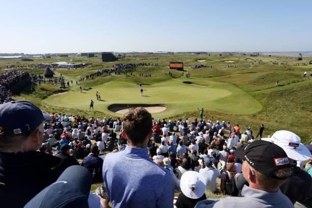 General view of the 16th green as Louis Oosthuizen of South Africa putts during Day Two of The 149th Open at Royal St George’s Golf Club on July 16,...