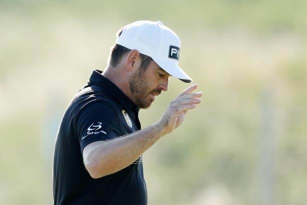 Louis Oosthuizen of South Africa reacts on the 13th green during Day Two of The 149th Open at Royal St George’s Golf Club on July 16, 2021 in...