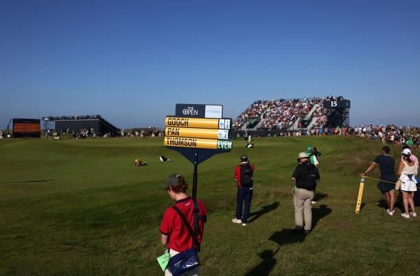 General view of walking score board carrier during Day Two of The 149th Open at Royal St George’s Golf Club on July 16, 2021 in Sandwich, England.