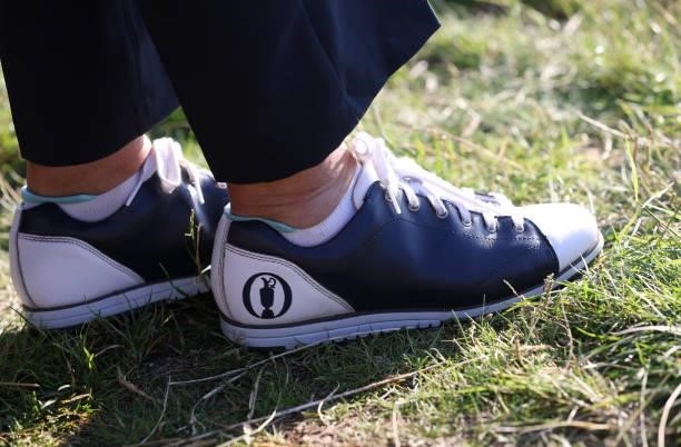 Silhouette of the Claret Jug is seen on a pair of shoes during Day Two of The 149th Open at Royal St George’s Golf Club on July 16, 2021 in Sandwich,...