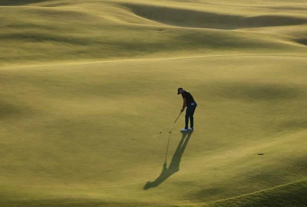 Cameron Tringale of The United States putts on the 15th green during Day Two of The 149th Open at Royal St George’s Golf Club on July 16, 2021 in...