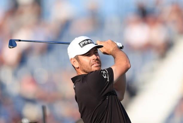 Louis Oosthuizen of South Africa tees off on the 16th hole during Day Two of The 149th Open at Royal St George’s Golf Club on July 16, 2021 in...