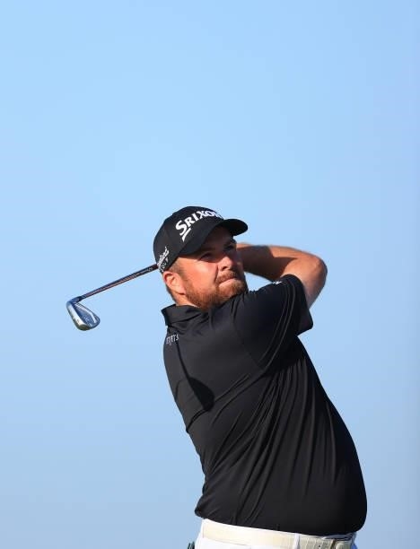 Shane Lowry of Ireland tees off on the 16th hole during Day Two of The 149th Open at Royal St George’s Golf Club on July 16, 2021 in Sandwich,...