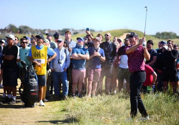 Justin Rose of England plays a shot on the 3rd hole during Day Two of The 149th Open at Royal St George’s Golf Club on July 16, 2021 in Sandwich,...
