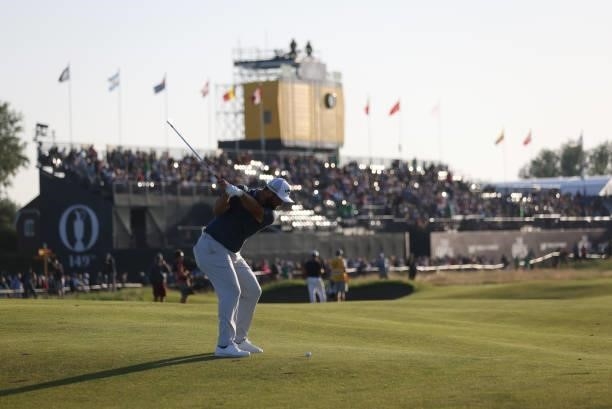 Jon Rahm of Spain plays his second shot on the 18th hole during Day Two of The 149th Open at Royal St George’s Golf Club on July 16, 2021 in...