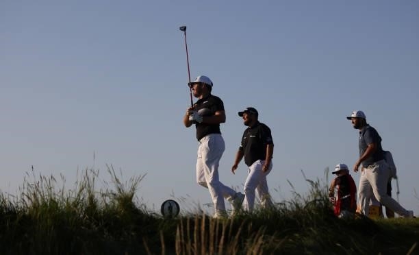 Louis Oosthuizen of South Africa plays from a tee during Day Two of The 149th Open at Royal St George’s Golf Club on July 16, 2021 in Sandwich,...