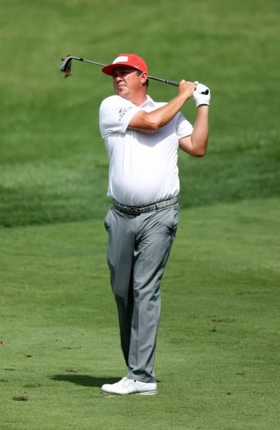 Jason Dufner plays his second shot on the first hole during the second round of the Barbasol Championship at Keene Trace Golf Club on July 16, 2021...
