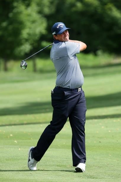 Brian Stuard plays his second shot on the 11th hole during the second round of the Barbasol Championship at Keene Trace Golf Club on July 16, 2021 in...