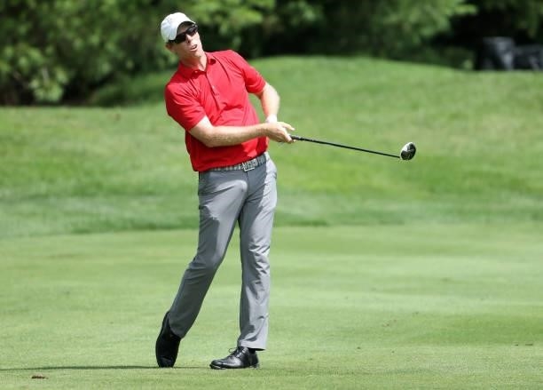 David Hearn of Canada plays his second shot on the 11th hole during the second round of the Barbasol Championship at Keene Trace Golf Club on July...