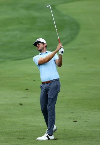 Scott Harrington plays his second shot on the first hole during the second round of the Barbasol Championship at Keene Trace Golf Club on July 16,...