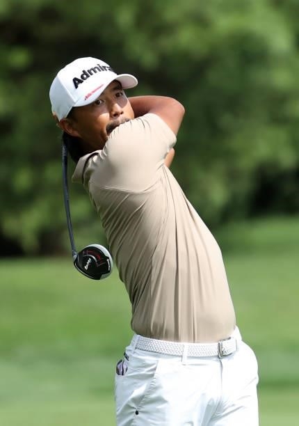 Satoshi Kodaira of Japan plays his second shot on the 11th hole during the second round of the Barbasol Championship at Keene Trace Golf Club on July...