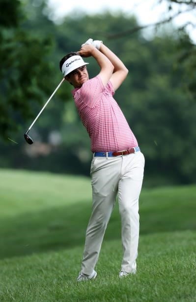 Beau Hossler plays his shot on the 11th hole during the second round of the Barbasol Championship at Keene Trace Golf Club on July 16, 2021 in...