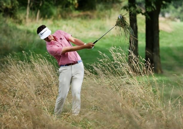 Beau Hossler plays his second shot on the 11th hole during the second round of the Barbasol Championship at Keene Trace Golf Club on July 16, 2021 in...