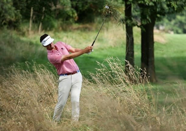 Beau Hossler plays his second shot on the 11th hole during the second round of the Barbasol Championship at Keene Trace Golf Club on July 16, 2021 in...
