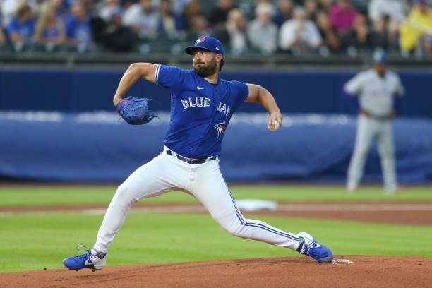 Robbie Ray of the Toronto Blue Jays throws a pitch during the first inning against the Texas Rangers at Sahlen Field on July 16, 2021 in Buffalo, New...