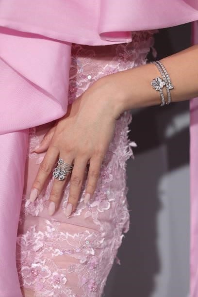 Ludovica Pagani, ring detail, attends the amfAR Cannes Gala 2021 at Villa Eilenroc on July 16, 2021 in Cap d'Antibes, France.