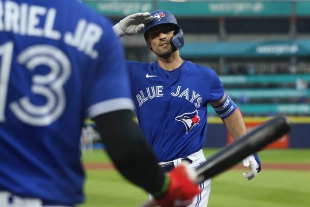 Randal Grichuk of the Toronto Blue Jays salutes Lourdes Gurriel Jr. #13 of the Toronto Blue Jays after Grichuk hit a home run during the third inning...