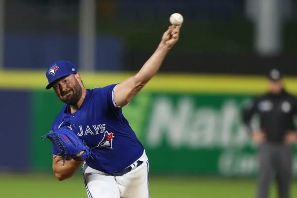 Robbie Ray of the Toronto Blue Jays throws a pitch during the fifth inning against the Texas Rangers at Sahlen Field on July 16, 2021 in Buffalo, New...