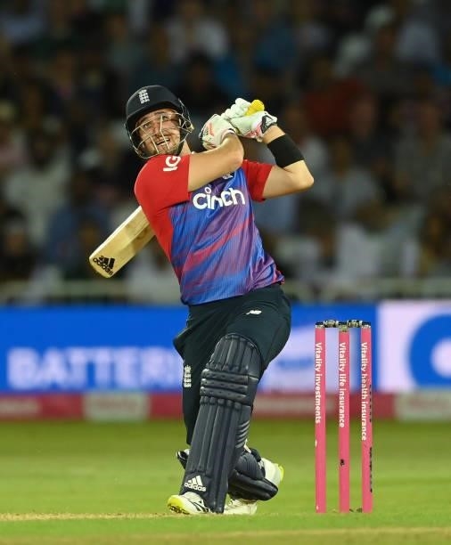 Liam Livingstone of England hits a six during the 1st Vitality T20 International between England and Pakistan at Trent Bridge on July 16, 2021 in...