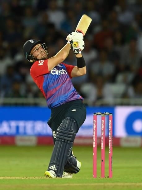 Liam Livingstone of England hits out during the 1st Vitality T20 International between England and Pakistan at Trent Bridge on July 16, 2021 in...
