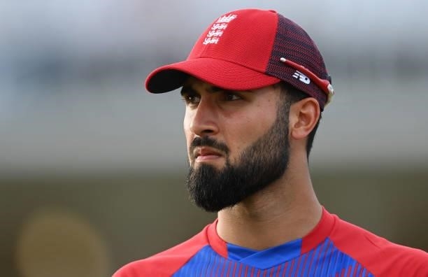 Saqib Mahmood of England looks on during the 1st Vitality T20 International between England and Pakistan at Trent Bridge on July 16, 2021 in...