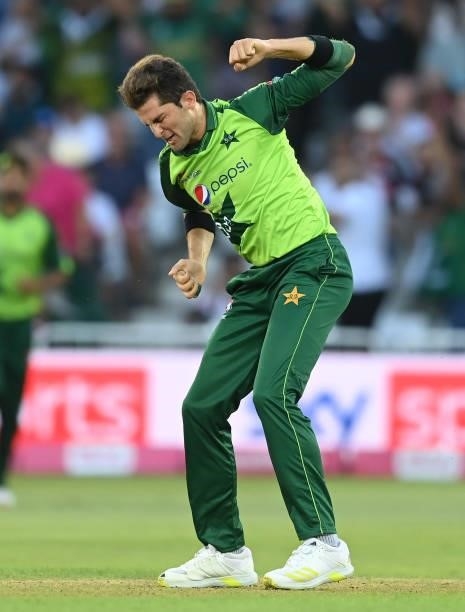 Shaheen Afridi of Pakistan celebrates dismissing Jonny Bairstow of England during the 1st Vitality T20 International between England and Pakistan at...