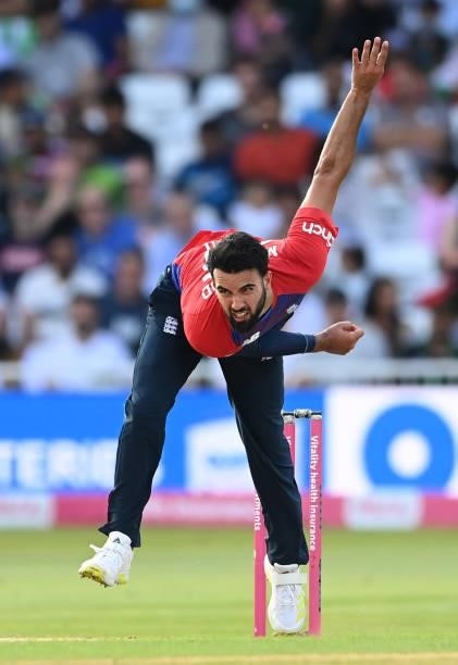 Saqib Mahmood of England bowls during the 1st Vitality T20 International between England and Pakistan at Trent Bridge on July 16, 2021 in Nottingham,...