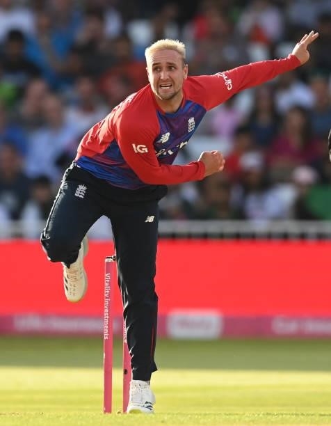 Liam Livingstone of England bowls during the 1st Vitality T20 International between England and Pakistan at Trent Bridge on July 16, 2021 in...