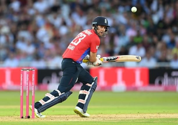 Liam Livingstone of England bats during the 1st Vitality T20 International between England and Pakistan at Trent Bridge on July 16, 2021 in...