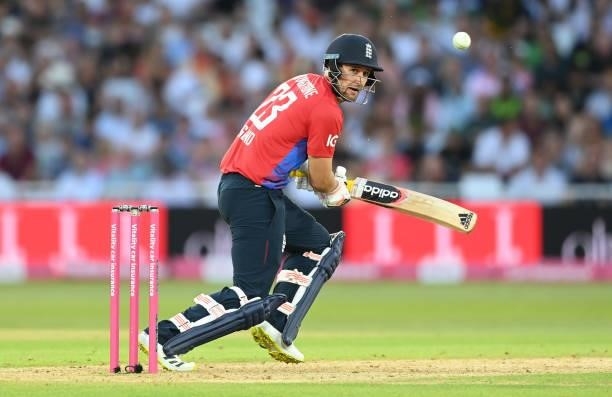 Liam Livingstone of England bats during the 1st Vitality T20 International between England and Pakistan at Trent Bridge on July 16, 2021 in...