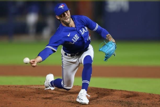 Adam Cimber of the Toronto Blue Jays throws a pitch during the seventh inning against the Texas Rangers at Sahlen Field on July 16, 2021 in Buffalo,...
