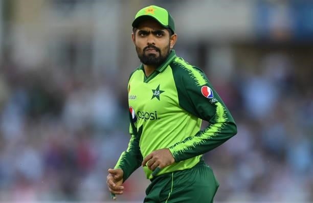 Babar Azam of Pakistan looks on during the 1st Vitality T20 International between England and Pakistan at Trent Bridge on July 16, 2021 in...