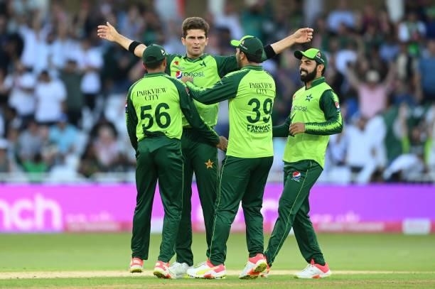 Shaheen Afridi of Pakistan is congratulated after dismissing Dawid Malan of England during the 1st Vitality T20 International between England and...