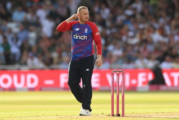Matt Parkinson of England looks on during the 1st Vitality T20 International between England and Pakistan at Trent Bridge on July 16, 2021 in...
