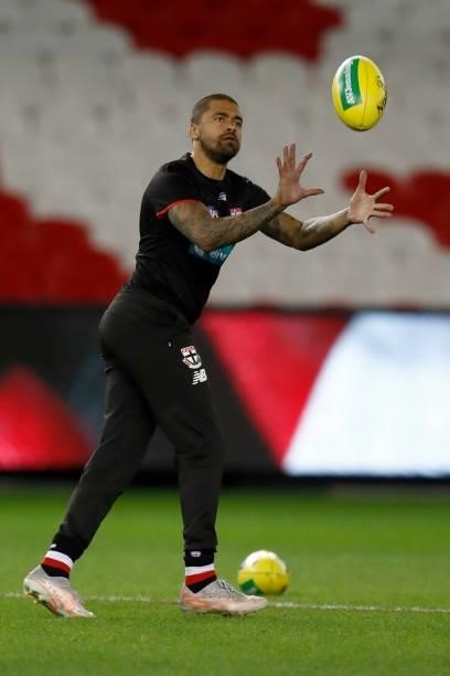 Bradley Hill of the Saints warms up before the round 18 AFL match between St Kilda Saints and Port Adelaide Power at Marvel Stadium on July 17, 2021...