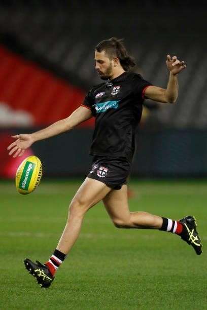 Ben Long of the Saints warms up before the round 18 AFL match between St Kilda Saints and Port Adelaide Power at Marvel Stadium on July 17, 2021 in...