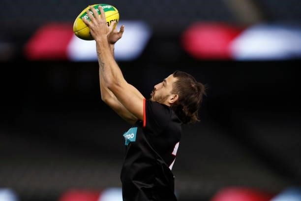 Ben Long of the Saints warms up before the round 18 AFL match between St Kilda Saints and Port Adelaide Power at Marvel Stadium on July 17, 2021 in...