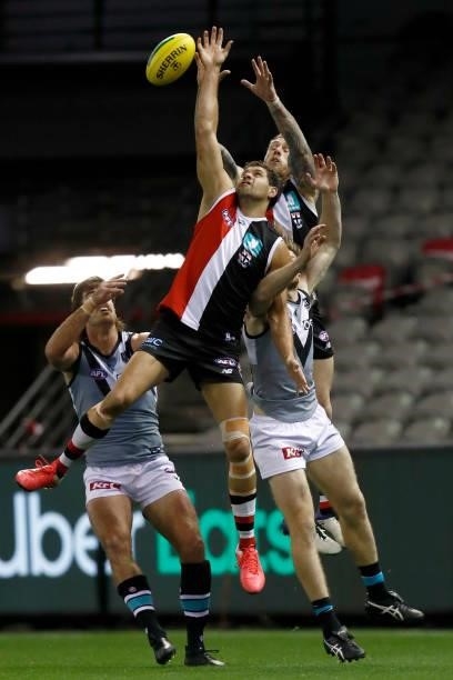Tim Membrey and Paddy Ryder of the Saints jump for the ball during the round 18 AFL match between St Kilda Saints and Port Adelaide Power at Marvel...