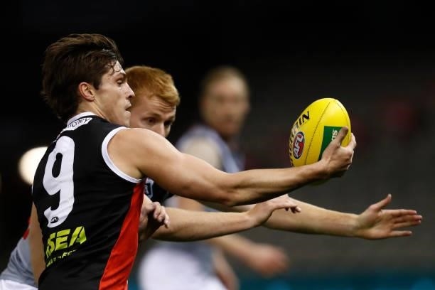 Jack Steele of the Saints gathers the ball during the round 18 AFL match between St Kilda Saints and Port Adelaide Power at Marvel Stadium on July...