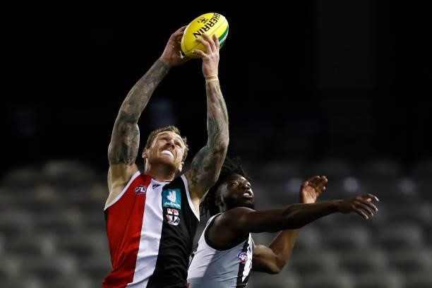 Tim Membrey of the Saints marks the ball during the round 18 AFL match between St Kilda Saints and Port Adelaide Power at Marvel Stadium on July 17,...